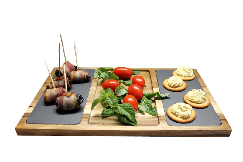 Holz Servierplatte mit 2 Stück eingelassenen Schiefer Teller