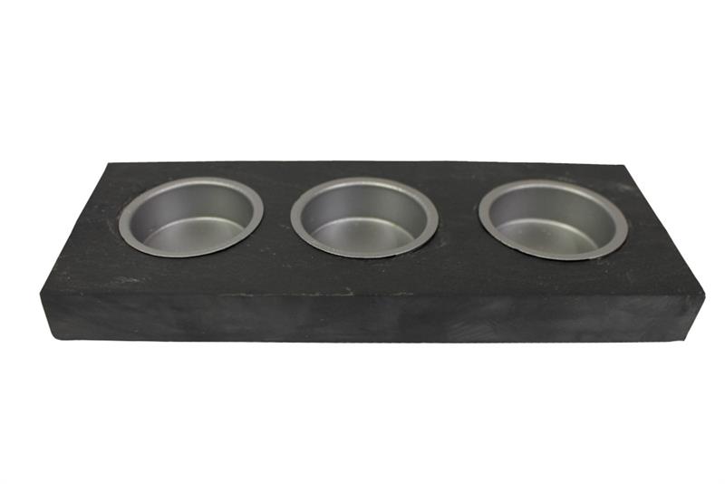 Kerzenständer aus Schiefer, anthrazit,  mit 3 Teelichteinsätzen in silberfarben